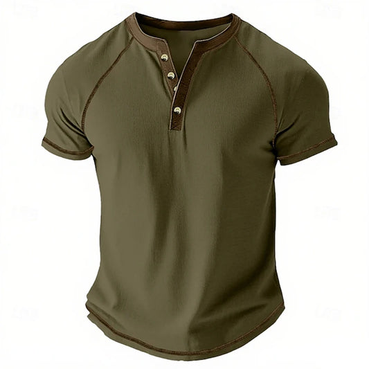 Retro Men's Button-Down T-Shirt  (HENLEY-STYLE), Minimalist Print T-Shirt,  Loose-Fit,  Casual Summer Shirt,  Stylish Streetwear Men.
