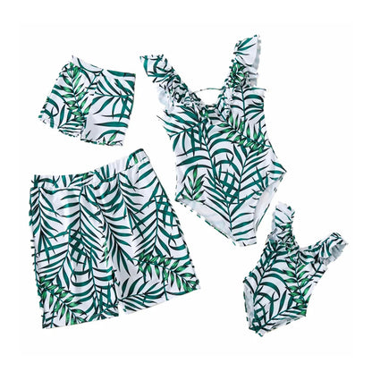 Matching Outfits for family,  Leaf Printed Swimsuit, Floral Full Print Multi-color One-piece Matching Swimwear