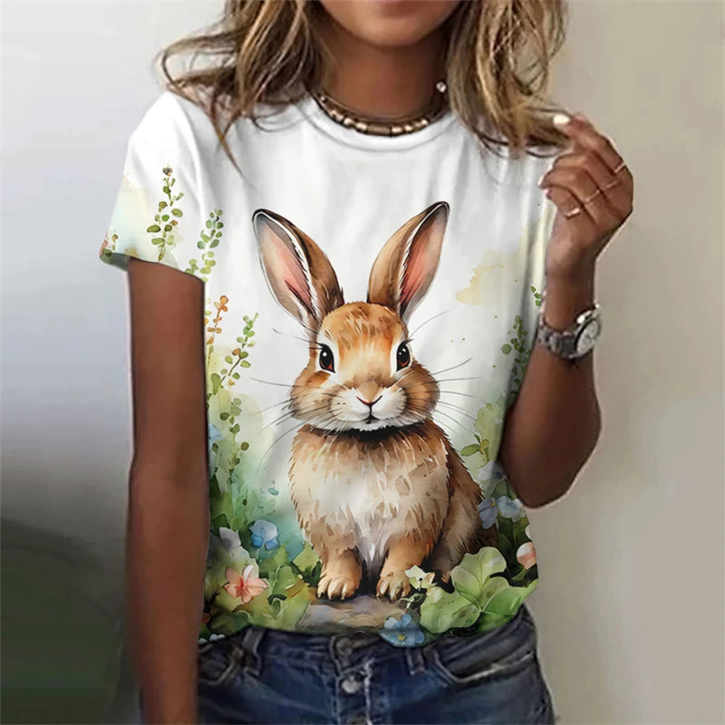 Cute Fun Rabbit Printed T Shirt, Unisex,  Short Sleeve O Neck, Fashion  for Easterwear.  T Shirts  for Summer Casual Outdoor, Soft Tops