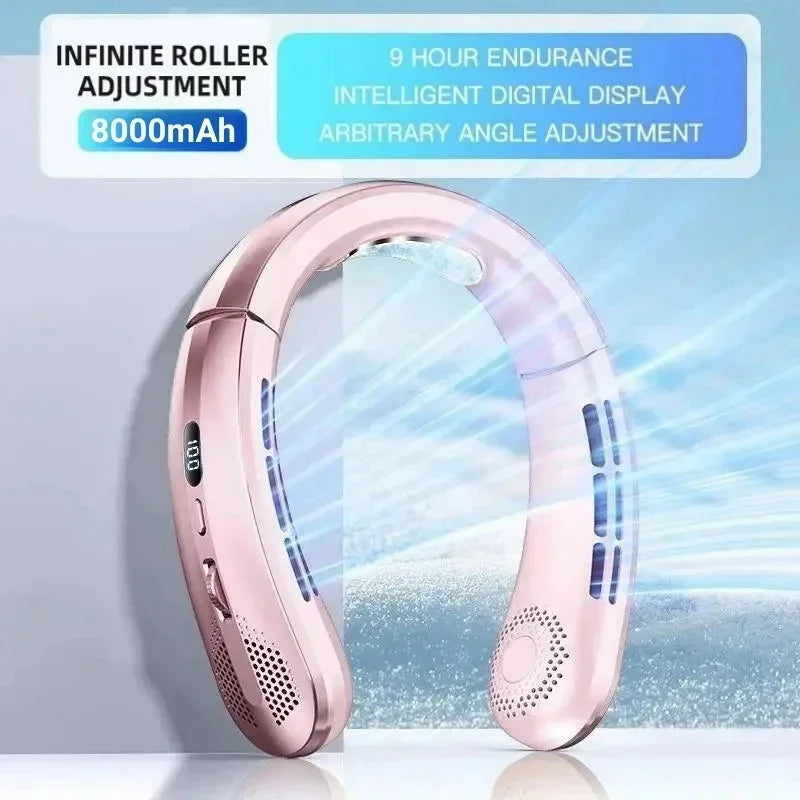 8000mAh USB Hanging Neck Fan Portable, Bladeless,  Mini Rechargeable Mute LED Digital Display, Electric Air Cooler.  Low stock on 1 blue style.  Others have good numbers in stock