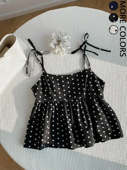 Women's Polka Dot Crop Cami With Spaghetti Straps And Flared He.  Polka Dot Camisole,  Babydoll Polkadot Top.