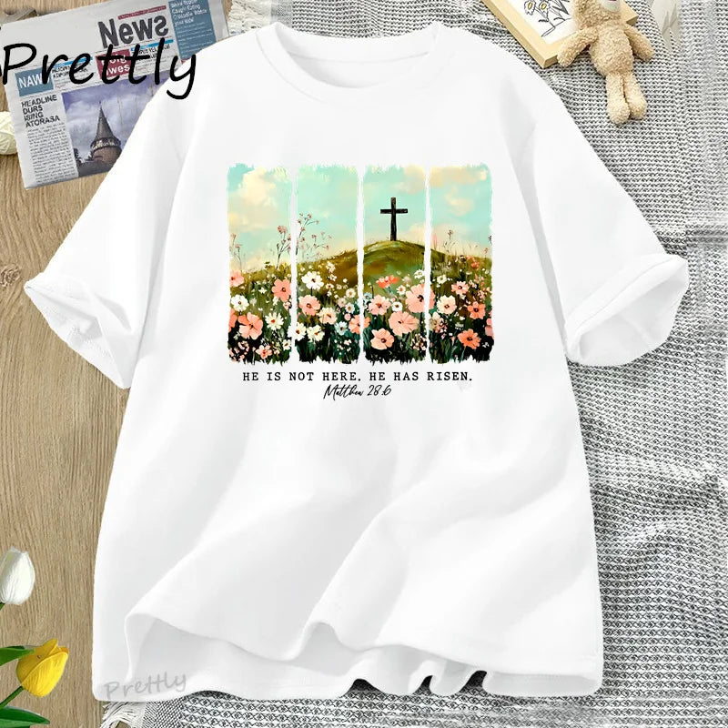 He Is Risen. Wildflower Print Tshirt  for Spring, Easter Designs. T-shirt Women Trendy Easter Christian