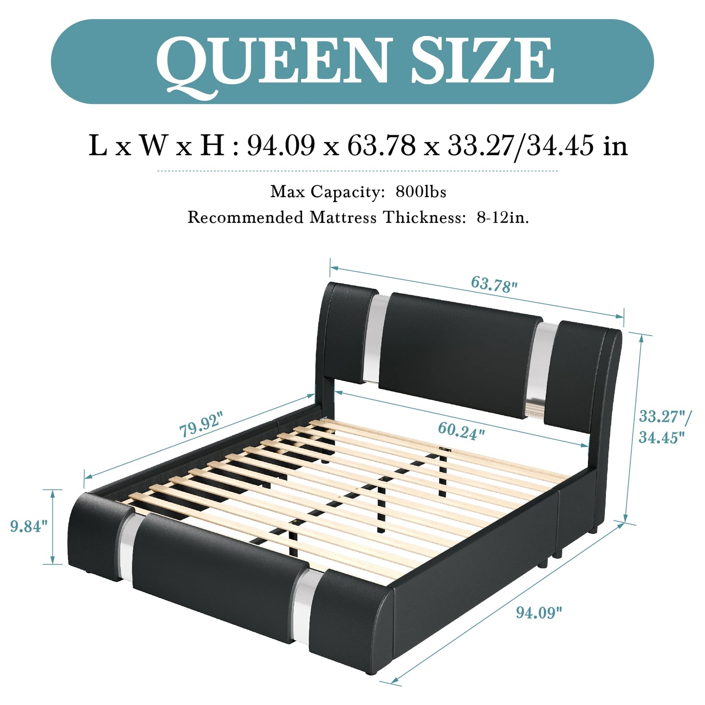 Modern Faux Leather Bed Frame with Iron Pieces  for Decor, Low Profile Platform Bed with Height-Adjustable Headboard