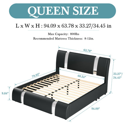 Modern Faux Leather Bed Frame with Iron Pieces  for Decor, Low Profile Platform Bed with Height-Adjustable Headboard
