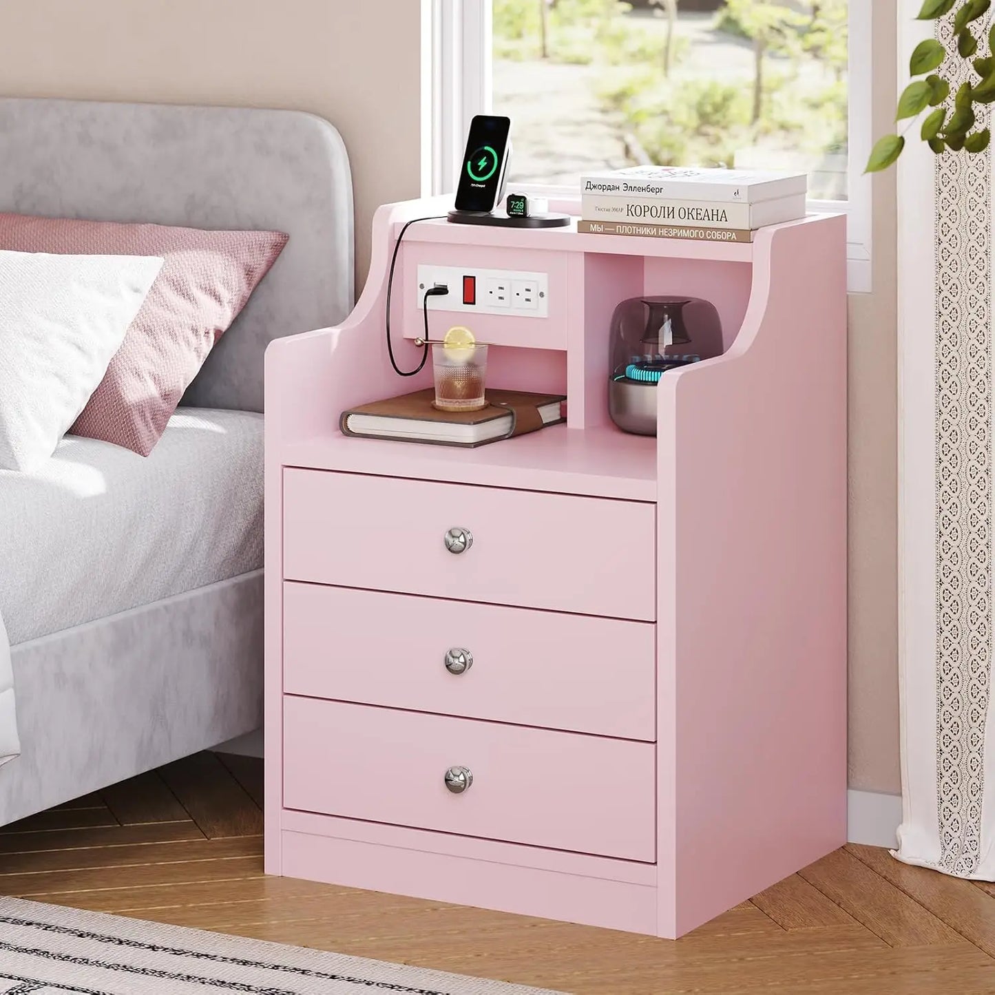 Nightstand with Charging Station, with Hutch & Storage Drawers.   End Table, Side Table,  Bedroom, Office