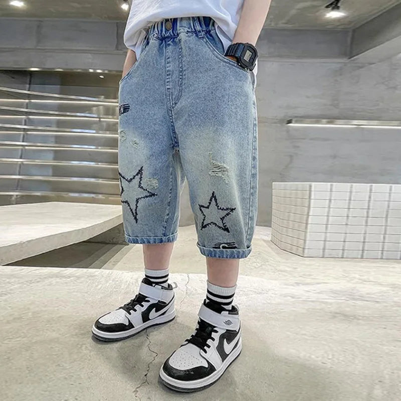 Boys Denim Shorts,  Summer,  Loose-Fit Pants,  Wide-leg Knee-Length Jeans  Lightweight Clothing
