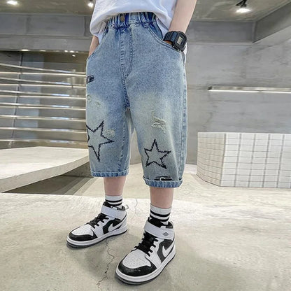 Boys Denim Shorts,  Summer,  Loose-Fit Pants,  Wide-leg Knee-Length Jeans  Lightweight Clothing