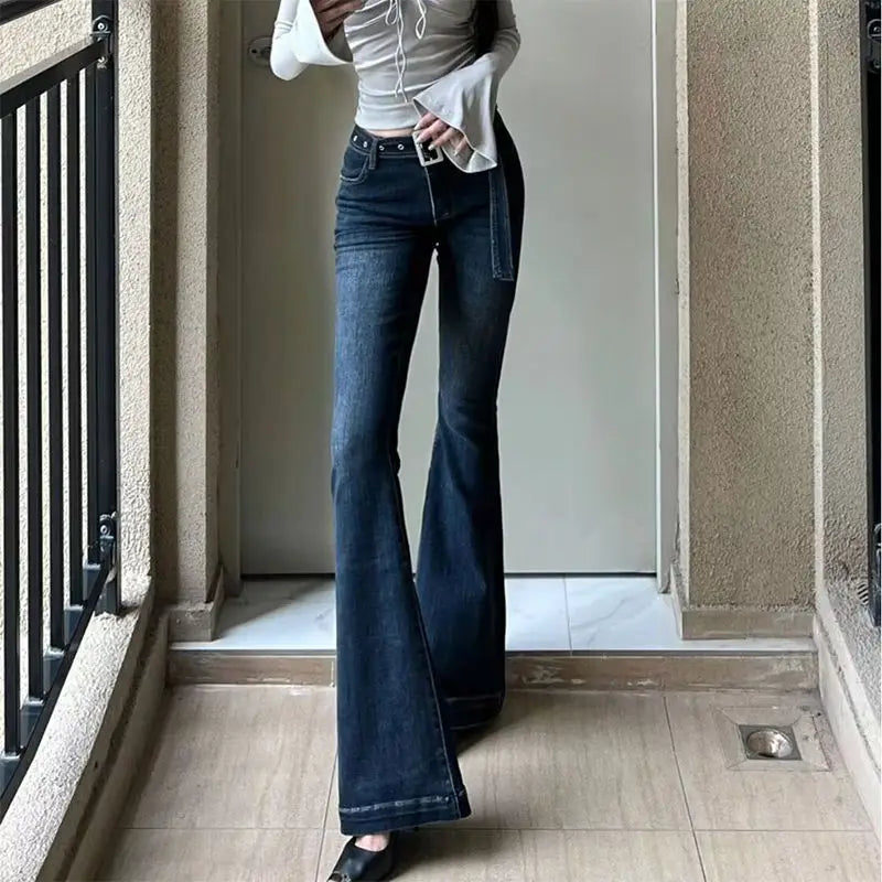 Slim Fit Bell Bottom Jeans for  Women's Micro Flare Jeans,  Retro Slimming, Floor Length Elastic Pants. 5 sizes, starting at Small and  going up through  2XL