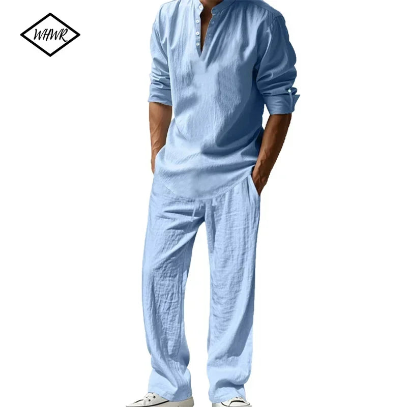 Mens Henley Cotton/Linen Shirts, Long Sleeve,  Lightweight T-Shirts.  Breathable Streetwear,  Solid Colors,  Business Button, Polo T-Shirts