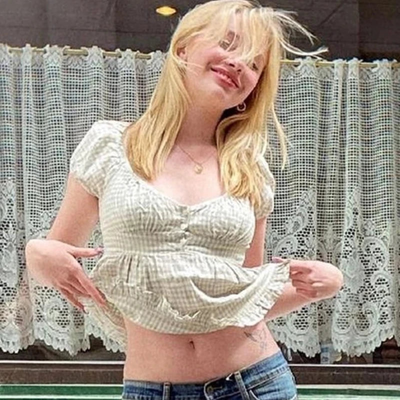 Ruffle Top Buttons Womens Crop Tops, Cute, Short Sleeve Tshirt