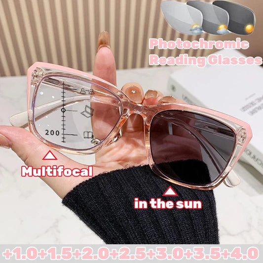 Transparent Frame, Photochromic, Multifocal Reading Glasses for Women/ Men,  Fashion Progressive,  Anti - Blue Light,  Presbyopia READERS.  THESE GLasses are LOADED with choices and features.