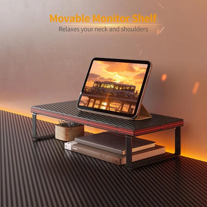 Large Corner Gaming Desk with Carbon Fiber Surface and Monitor Stand for Home Office