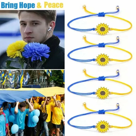 Handmade Blue & Yellow Ukraine Country Peace Love Woven Bracelet Leather Women/ Men Jewelry Gift, Adjustable