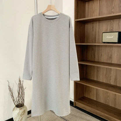 Warm Velvet Striped Design Long Sleeved Nightgown Men's Sleeping Dress Loose Plus Size Home Wear Mid Length Men Clothes