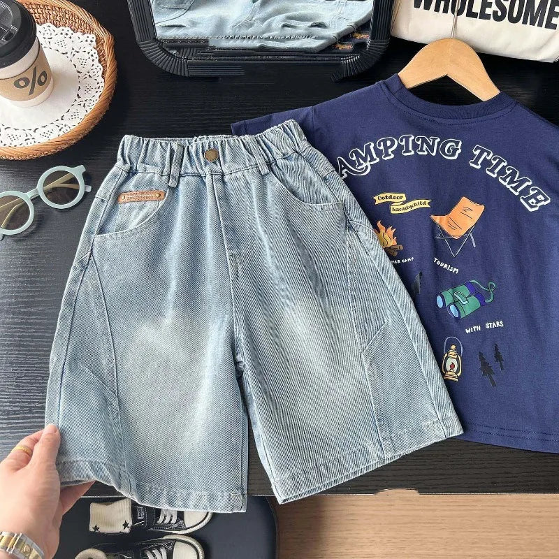Summer Boys Shorts, Cartoon Embroidery, Boys Denim Shorts Water Wash, 2-10Yrs Boys Horse Pocket Jeans