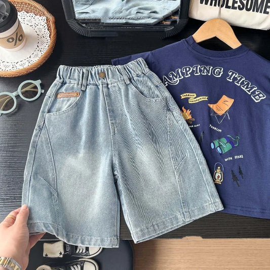 Summer Boys Shorts, Cartoon Embroidery, Boys Denim Shorts Water Wash, 2-10Yrs Boys Horse Pocket Jeans