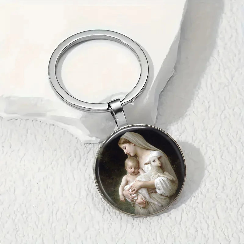 The Holy Family Glass Pendant Necklace,  Catholic Saint Joseph,  Virgin Mary,  Jesus Necklace