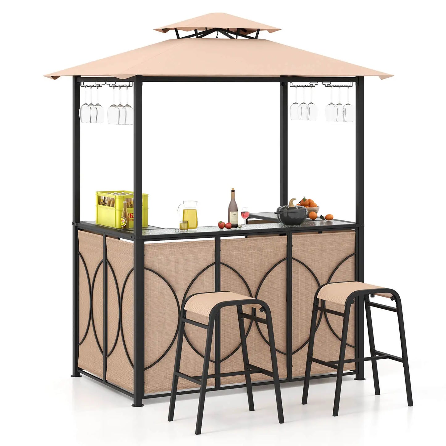3 PCS,  Patio Bar Set with Tempered Glass Bar Table, Metal Storage Shelves for Garden Storage