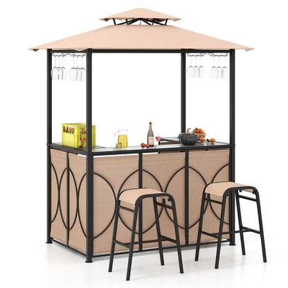 3 PCS,  Patio Bar Set with Tempered Glass Bar Table, Metal Storage Shelves for Garden Storage
