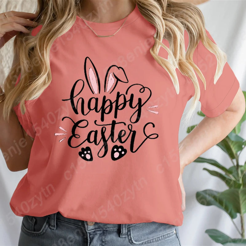 Cute Happy Easter Bunny Print T-Shirts  for Junior Women , Short Sleeve,  Round Neck Tee Shirt Casual,  Soft Summer,  Solid Color T Shirt /Tops