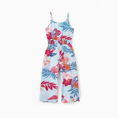 Matching Family Tropical Floral Jumpsuits Sleeveless Wide-Leg Romper Summer Vacation Beachwear for Mommy and Me