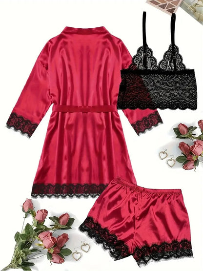 Women's Sexy Satin and Lace Lingerie Set with Robe, Bralette, Shorts & Panty