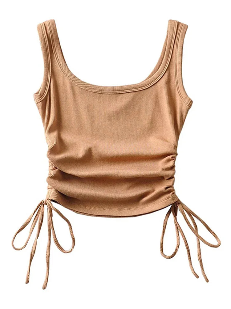 New Arrival Girls Casual Solid Colour, Two Side Drawstring , Vest Folds,  Shirring,  Tank/Camis