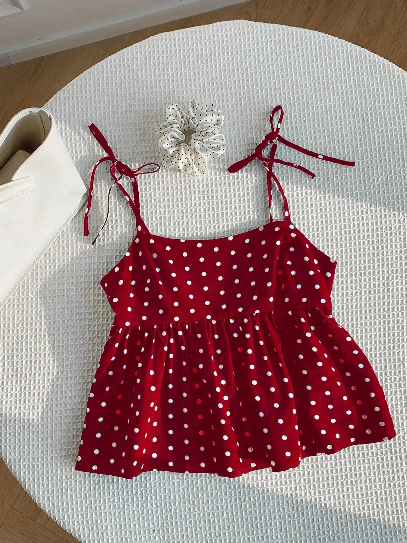 Women's Polka Dot Crop Cami With Spaghetti Straps And Flared He.  Polka Dot Camisole,  Babydoll Polkadot Top.