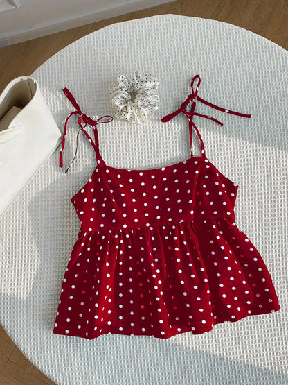Women's Polka Dot Crop Cami With Spaghetti Straps And Flared He.  Polka Dot Camisole,  Babydoll Polkadot Top.
