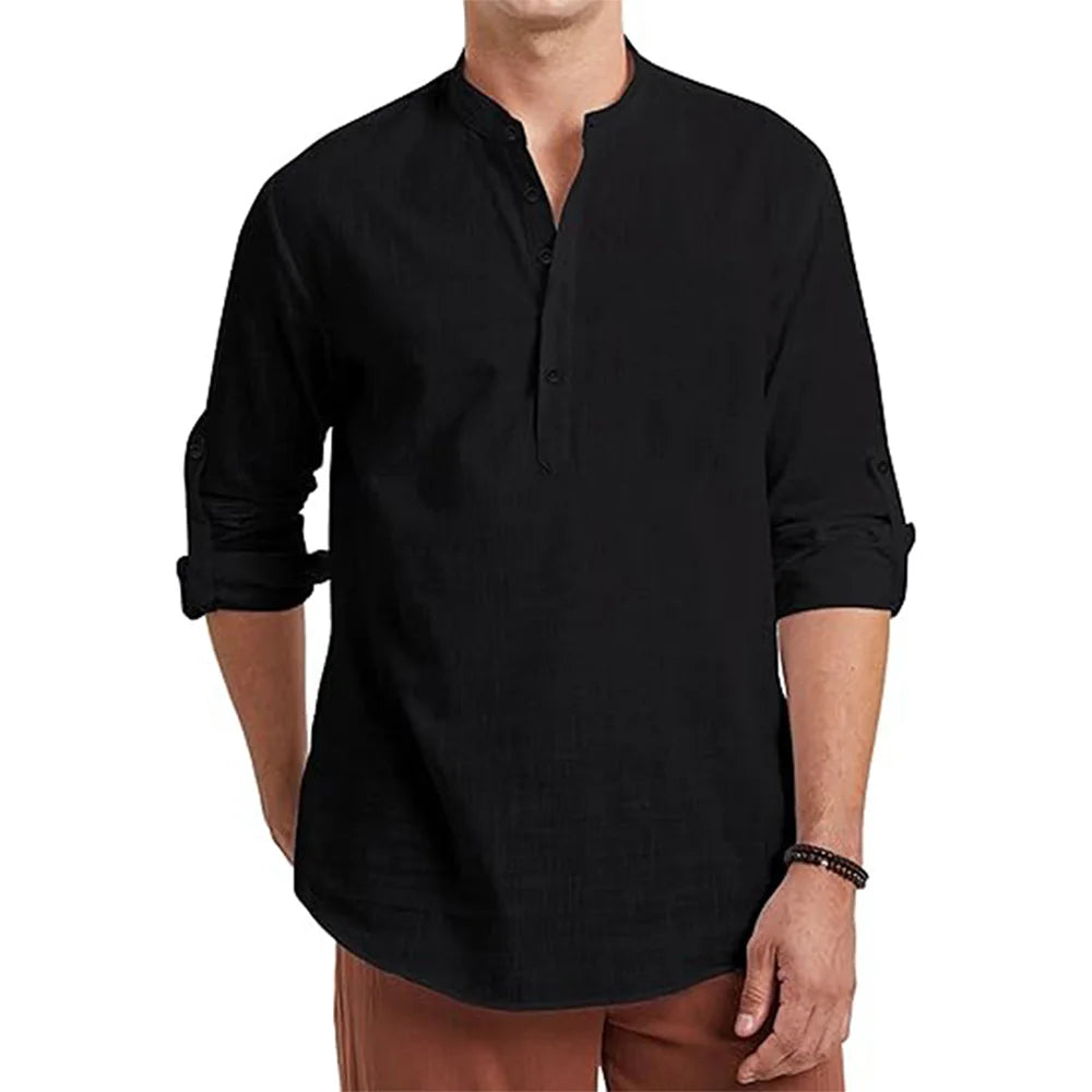 Men's Cotton /Linen Long Sleeve Shirt,  Lightweight with a  Henley Nec,  Beach- Style,  Solid Colors.