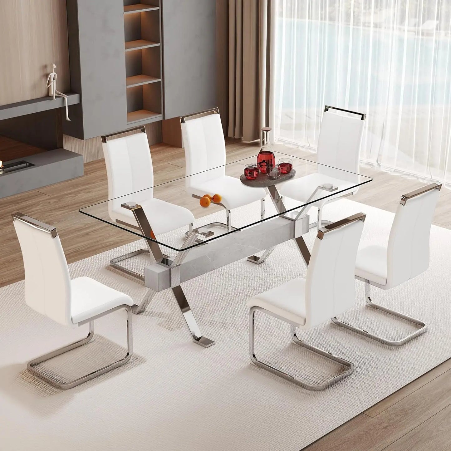 71“ Glass Dining Table Set for 6, Modern 7-Piece Dining Table Set,Rectanglular Tempered Glass Top and Metal Legs, Customized