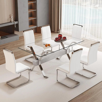 71“ Glass Dining Table Set for 6, Modern 7-Piece Dining Table Set,Rectanglular Tempered Glass Top and Metal Legs, Customized