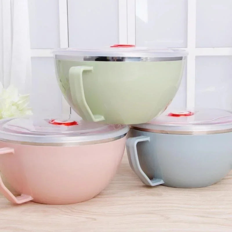 Stainless Steel Bowl with Handle.  Solid Color,  Anti- Scalding,  Instant Noodles.    Mixing Bowl,  Kitchen Tableware,  Food  Accessory