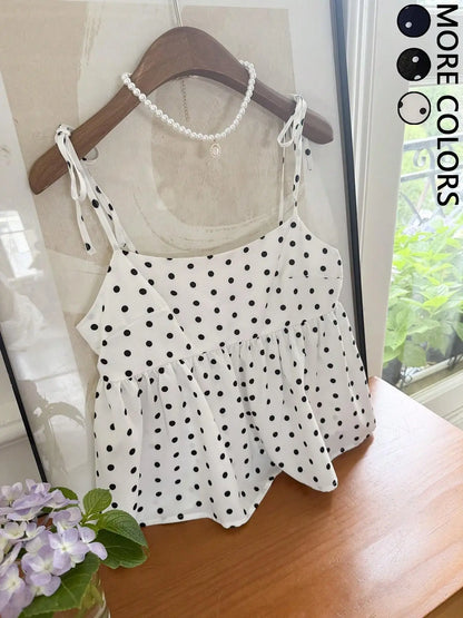 Women's Polka Dot Crop Cami With Spaghetti Straps And Flared He.  Polka Dot Camisole,  Babydoll Polkadot Top.