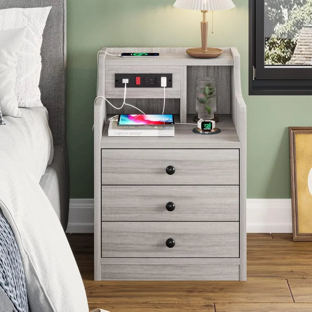 Nightstand with Charging Station, with Hutch & Storage Drawers.   End Table, Side Table,  Bedroom, Office