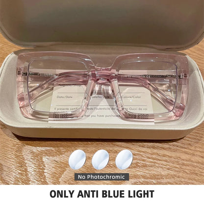 Square, Photochromic,  Blue-Light Blocking, Large Frame Eyeglasses, Reading Glasses Ladies Prescription Myopia Glasses