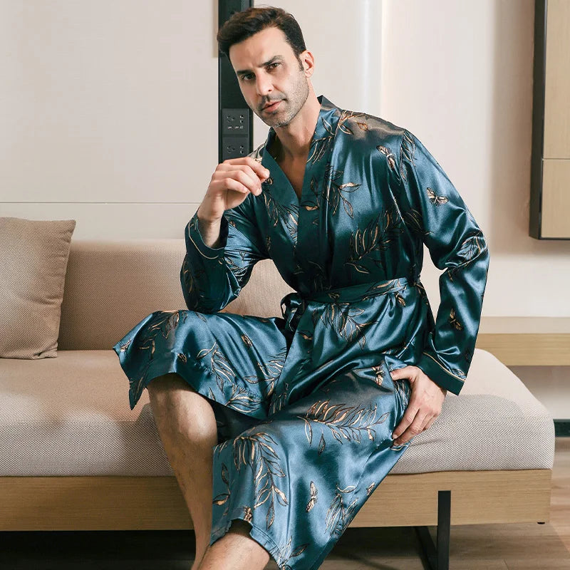 Men's spring and autumn silk,  thin,  style-oversized pajamas,  long sleeved bathrobes,  ice silk bathrobes,  clothing  forsummer