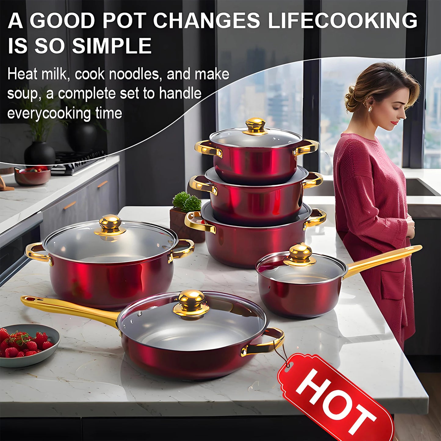 Red Cookware Set. 12-Piece, Stainless Steel, Non-Stick, Kitchen Cookware Collection.