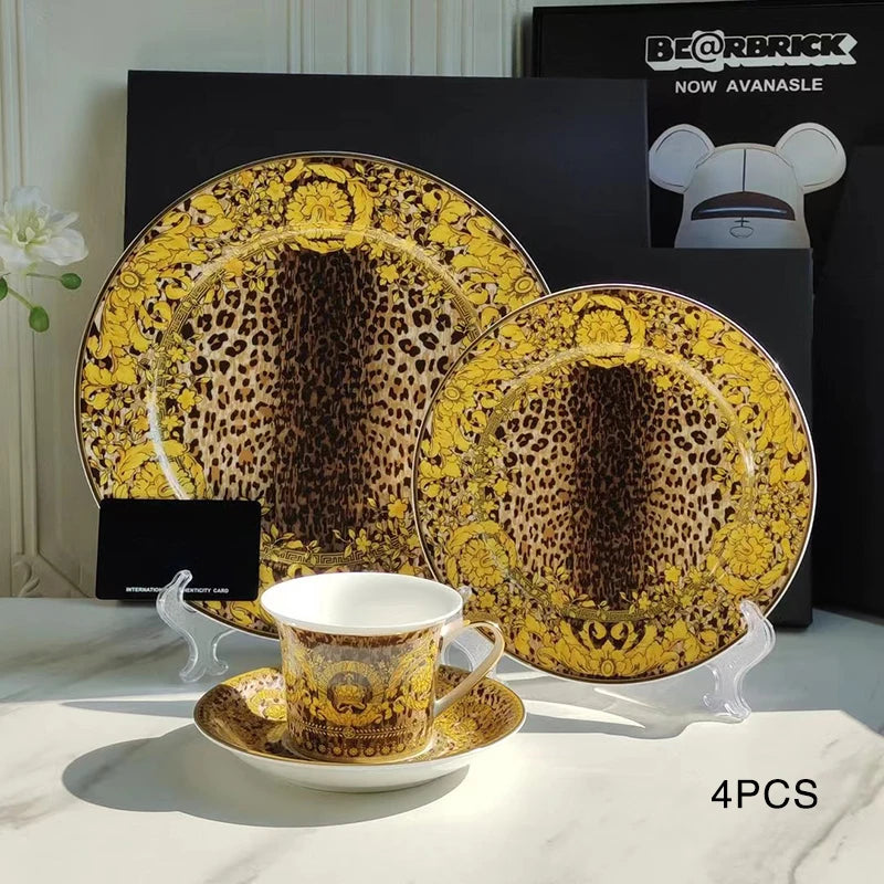 Golden Edge Luxury Tableware Set, Western Dinner Plate, Steak Flat Tray, Bone China Dinnerware Set, Coffee Cup, 10 ", 8" plates