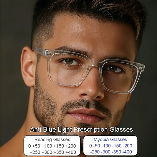 Transparent Square Men's Reading Glasses,  TR90 Large Frame,  Blocks  Harmful Blue Light, Myopia, Prescription Glasses For Women/MEN