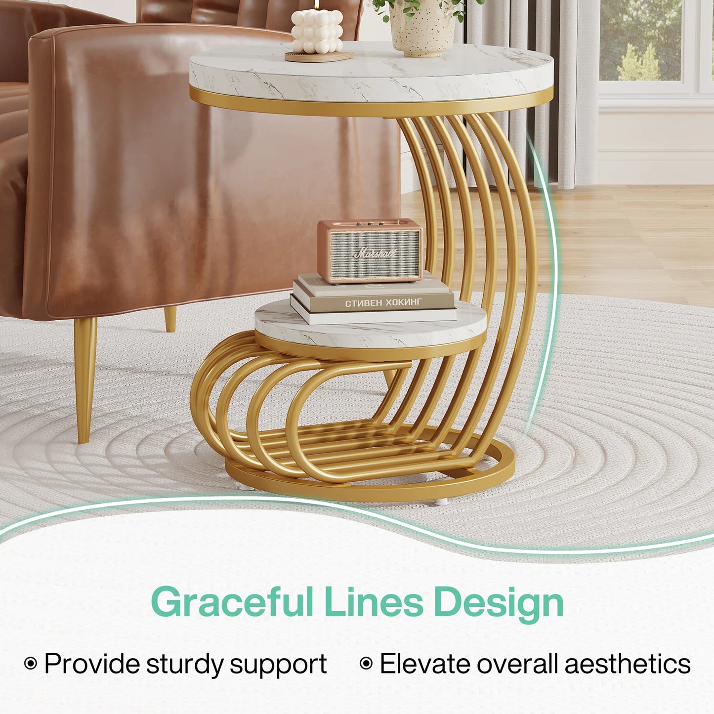 Gold Round End Table: 2 Tiers Faux Marble Side Table with Storage Shelf, Modern White Gold Bedside Nightstand, Living Room