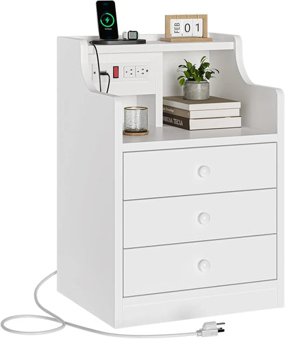Nightstand with Charging Station, with Hutch & Storage Drawers.   End Table, Side Table,  Bedroom, Office