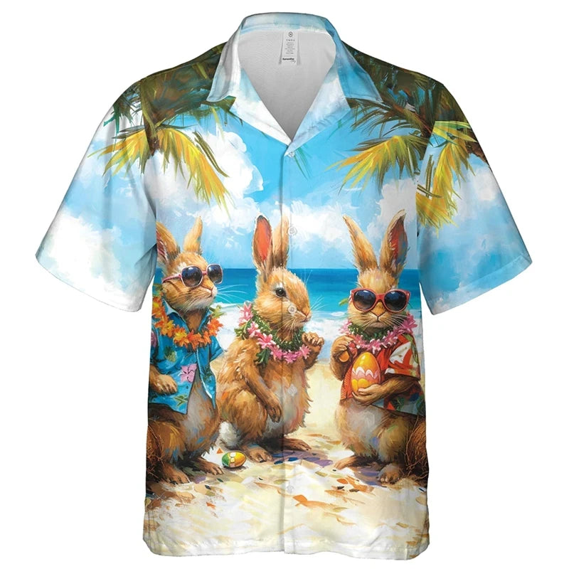 Happy Easter Day Graphic Beach Shirt,  Fashion Gifts,  Short Sleeve,  Cartoon Rabbit/ Egg