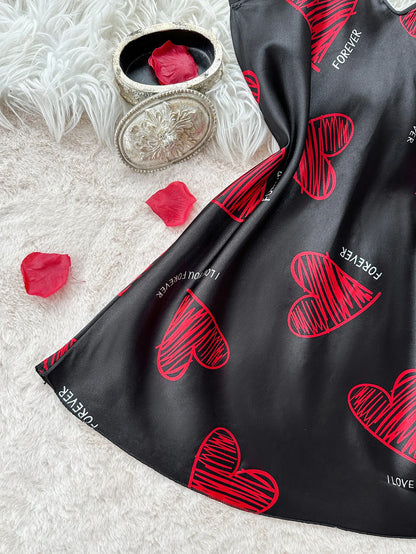 Valentine's Day Red Lip Print/ Satin Slip Nightdress, V -Neck Backless Mini Sleep Dress  Women's Sleepwear Dresses