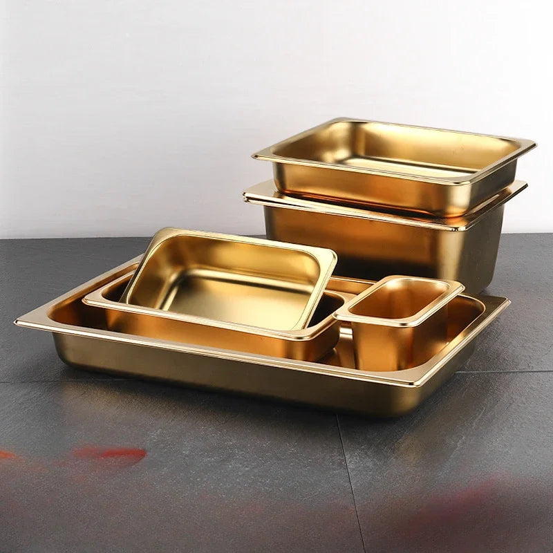 Golden Food Buffet Basin Plates, 304 Stainless Steel Square Pots, Tray Dishes,  Sauce Box, Jam Boxes, Canteen, Fast Food Truck Dish