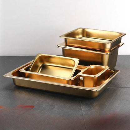 Golden Food Buffet Basin Plates, 304 Stainless Steel Square Pots, Tray Dishes,  Sauce Box, Jam Boxes, Canteen, Fast Food Truck Dish