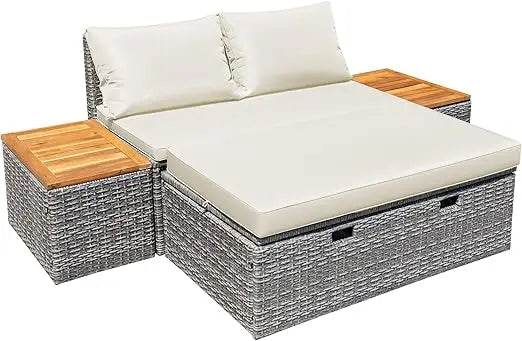 Patio/ Day Bed /Outdoor Daybed Set,  Multifunctional Rattan Lounge with 2 Side Tables for Backyard Porch,  Poolside,  Lawn, Beach