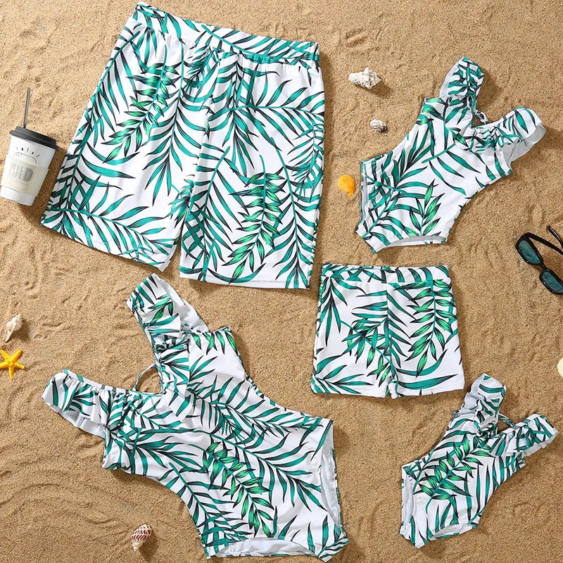 Matching Outfits for family,  Leaf Printed Swimsuit, Floral Full Print Multi-color One-piece Matching Swimwear