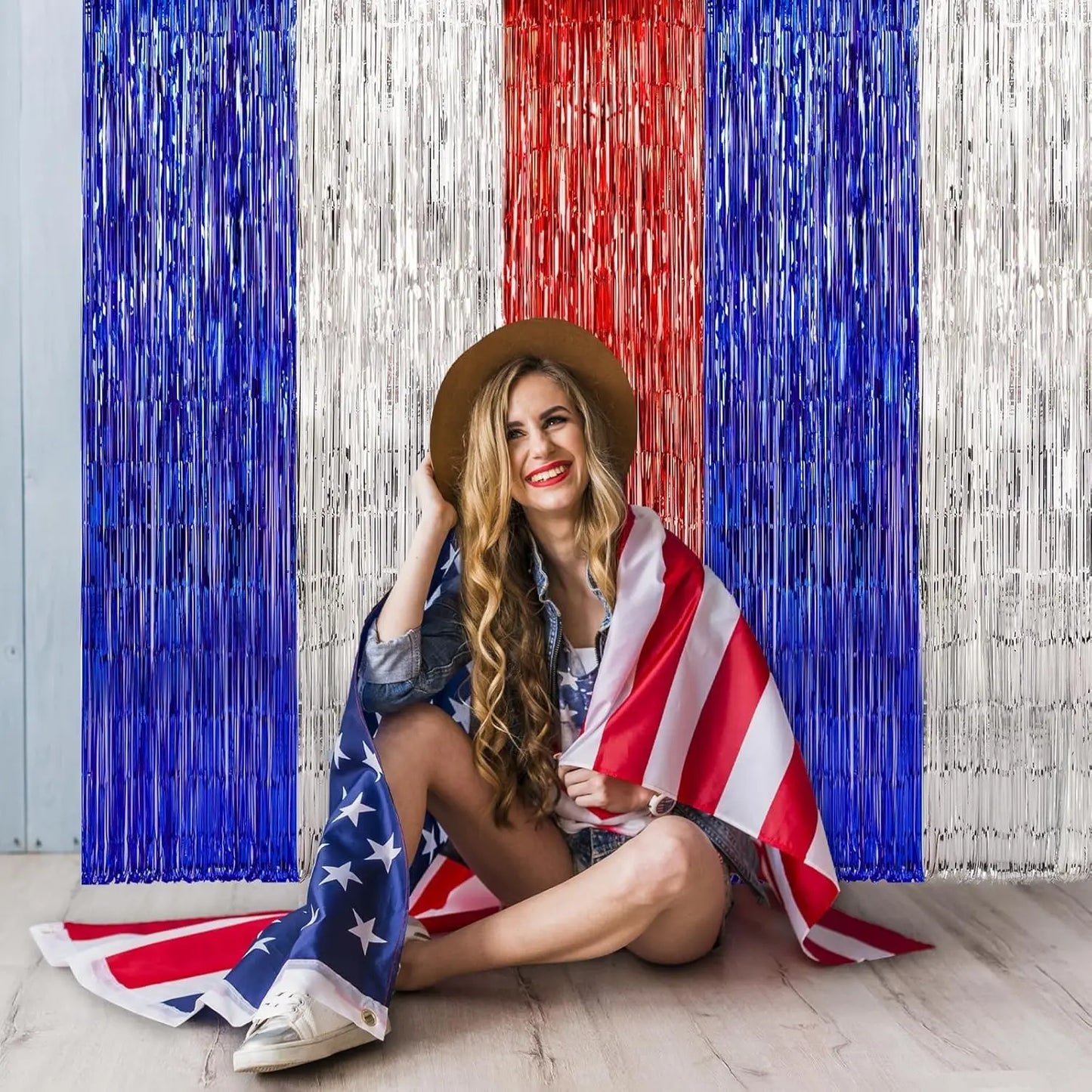 Patriotic  Decorations, Red White and Blue  Streamers, Foil Fringe Curtains Photo booth Props,  Party Backdrop.  Different lengths offered