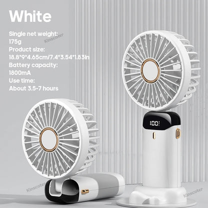 USB,  Handheld Mini Fan,  Foldable,  Portable Neck Hanging Fan,  5- Speed, Rechargeable Fan with Phone Stand and Display Screen.   WHITE is the only color available for sure.